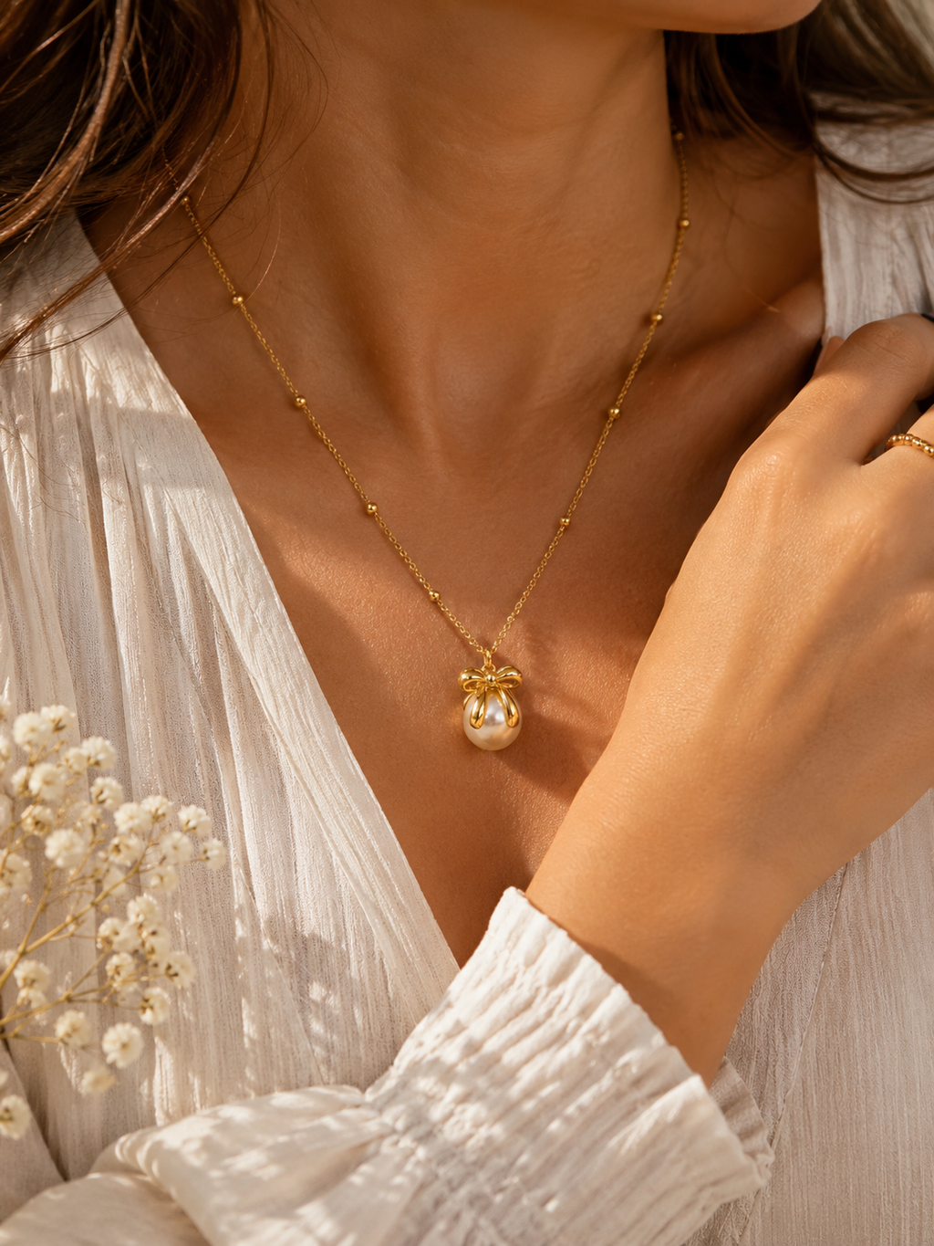 Collar Pearl Bow Gold | Collar Perla & Lazo Acero Inoxidable 316L