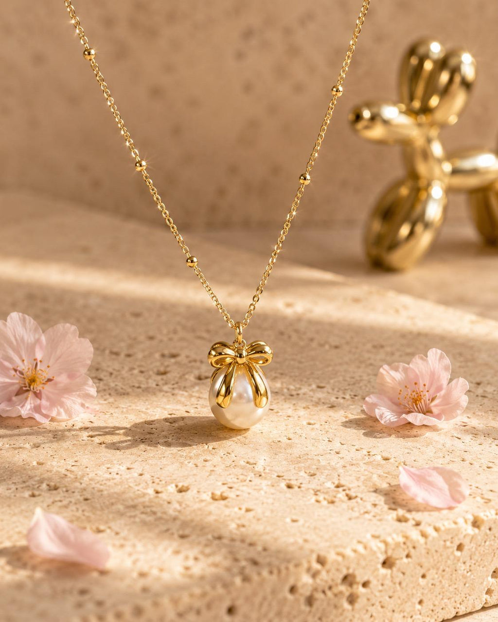 Collar Pearl Bow Gold | Collar Perla & Lazo Acero Inoxidable 316L