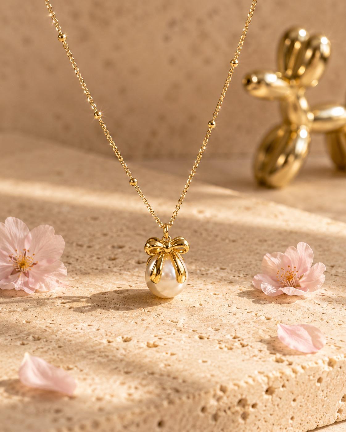 Collar Pearl Bow Gold | Collar Perla & Lazo Acero Inoxidable 316L